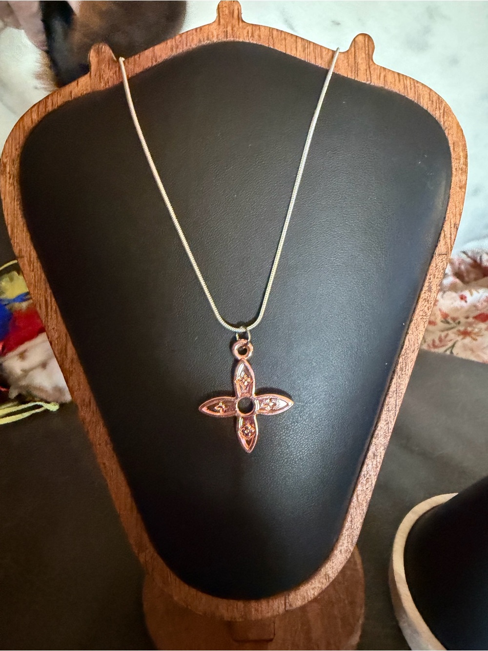 Hand Crafted Rose Gold Floral Cross Necklace with Dark Center Stone